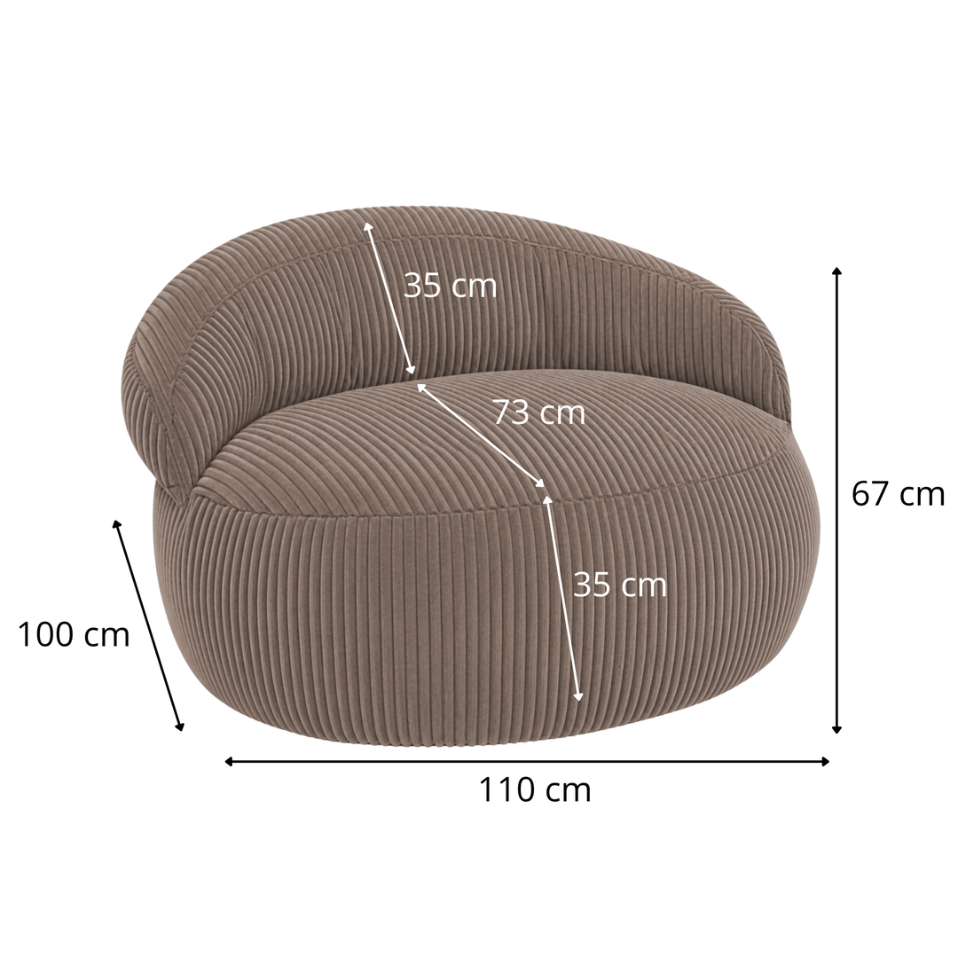 Pouf XXL déhoussable en velours côtelé, schéma dimensions 110 x 100 cm.