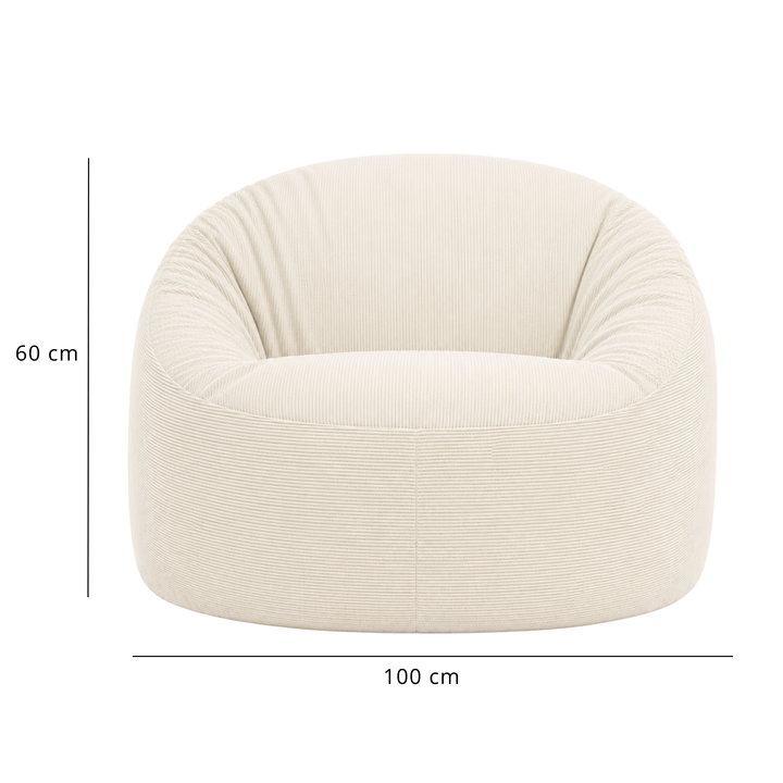 Pouf déhoussable en velours côtelé écru, dimensions 100 cm de diamètre.