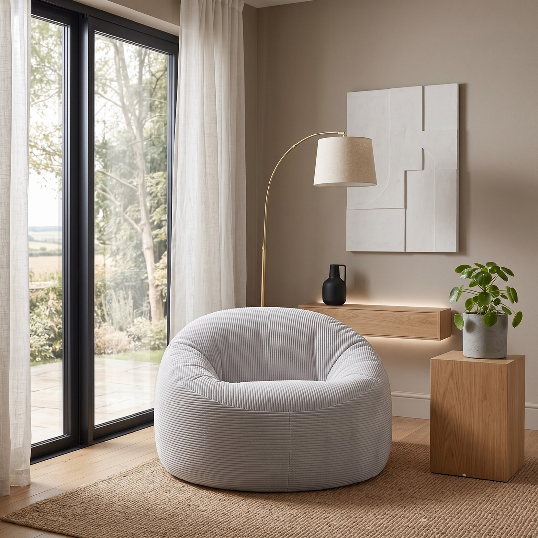 Pouf déhoussable en velours côtelé épais gris clair, forme enveloppante