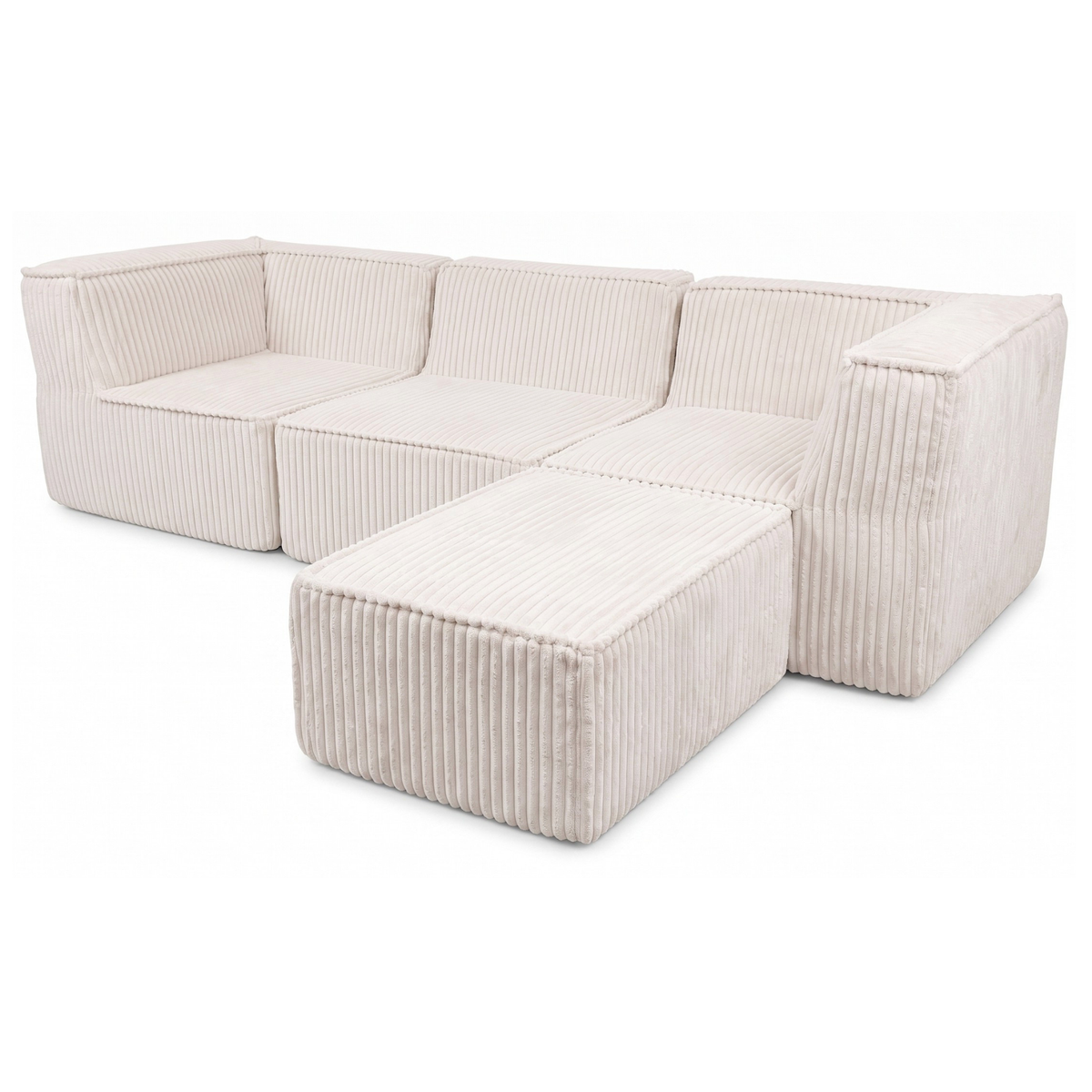 Canapé modulable 3 places déhoussable en velours côtelé blanc cassé avec méridienne intégrés