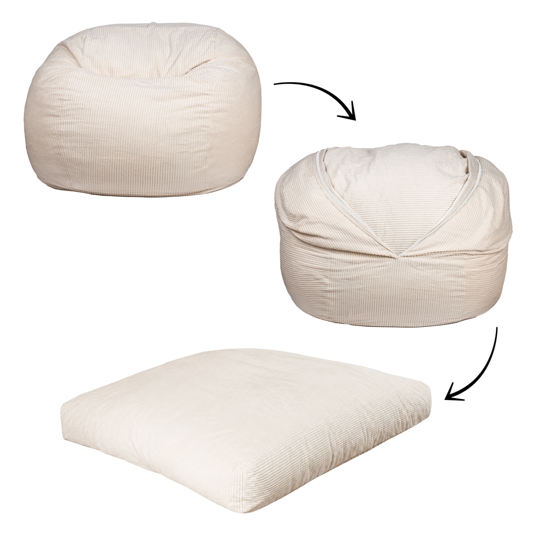 Pouf lit convertible 2-en-1 blanc cassé, usages assis et lit déplié