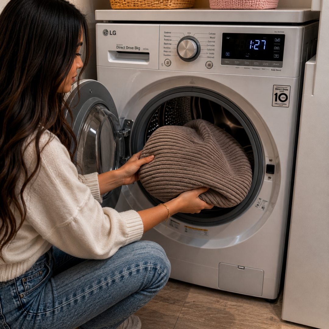 Housse lavable du pouf XXL en velours côtelé dans une machine à laver.