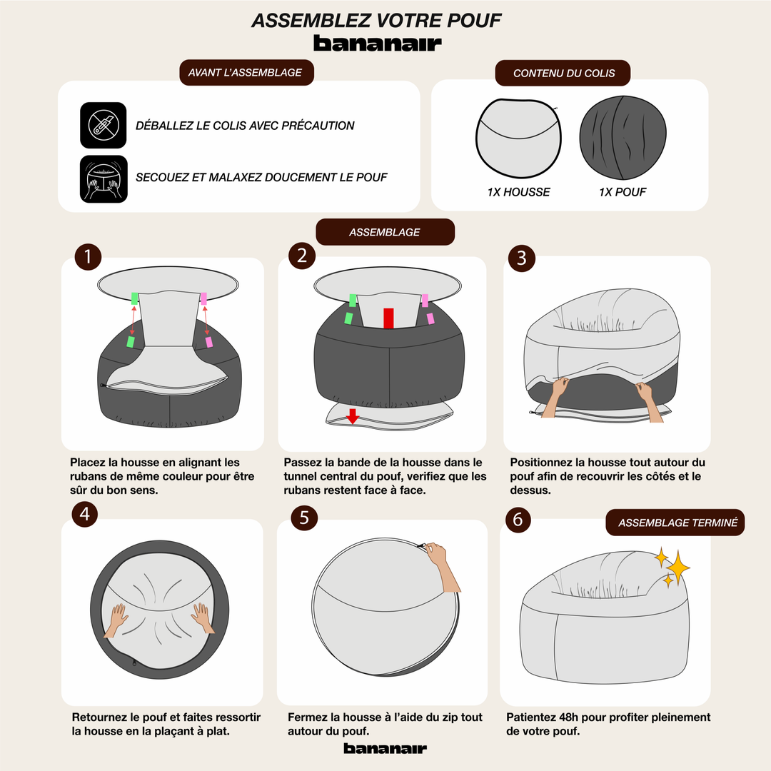 Pouf déhoussable en velours côtelé épais : étapes de fixation et fermeture de la housse