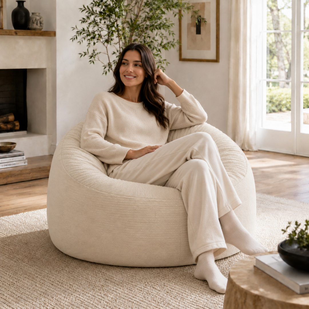 Personne assise sur un pouf déhoussable 100 cm en velours côtelé, dans un salon.