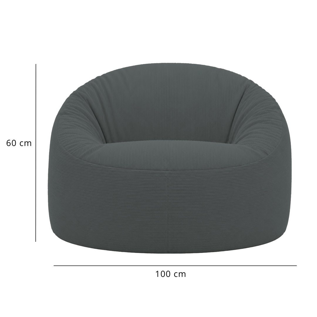 Pouf déhoussable en velours côtelé gris foncé, dimensions 100 cm de diamètre.