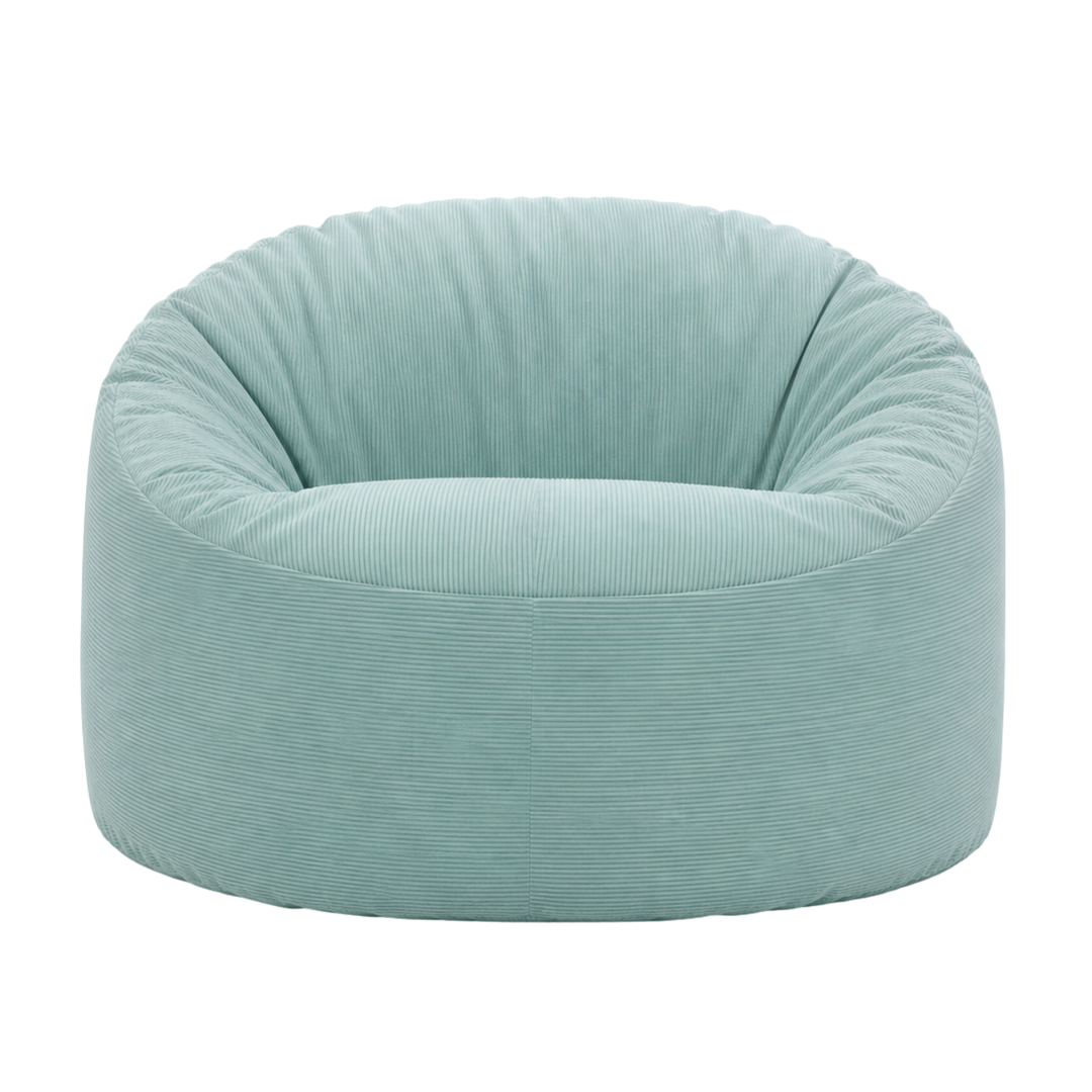 Pouf rond en velours côtelé, assise rembourrée avec dossier arrondi, vue de face