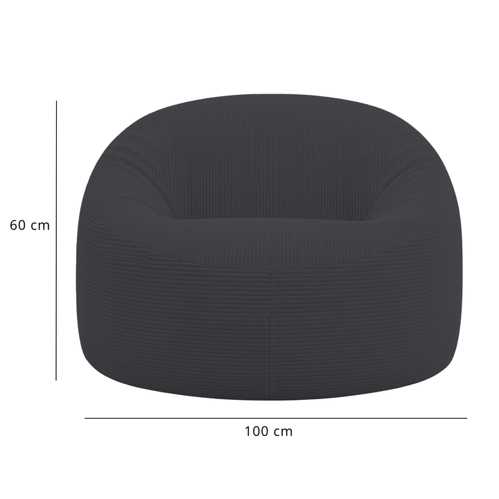 Pouf déhoussable gris foncé en velours côtelé, dimensions 100 cm et 60 cm.