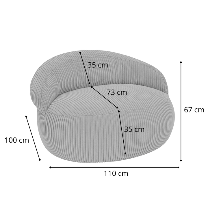 Schéma du pouf XXL déhoussable en velours côtelé : 110 x 100 cm, hauteur 67 cm.