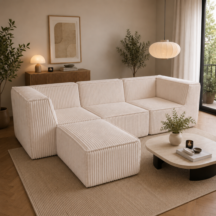 Canapé modulable 3 places déhoussable en velours côtelé blanc cassé, avec méridienne