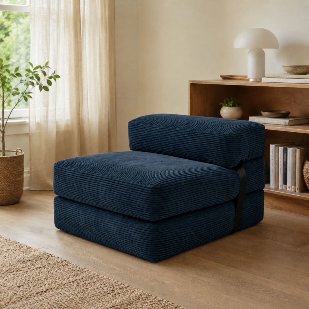 Chauffeuse 1 place en tissu bleu foncé côtelé, vue trois-quarts dans un intérieur