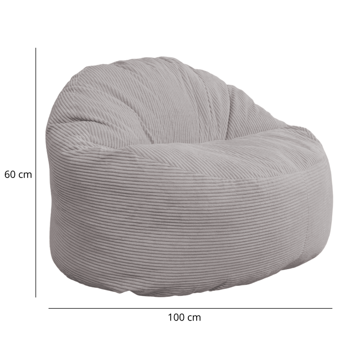 Pouf velours côtelé gris clair, dimensions indiquées 100 cm de large, hauteur 60 cm