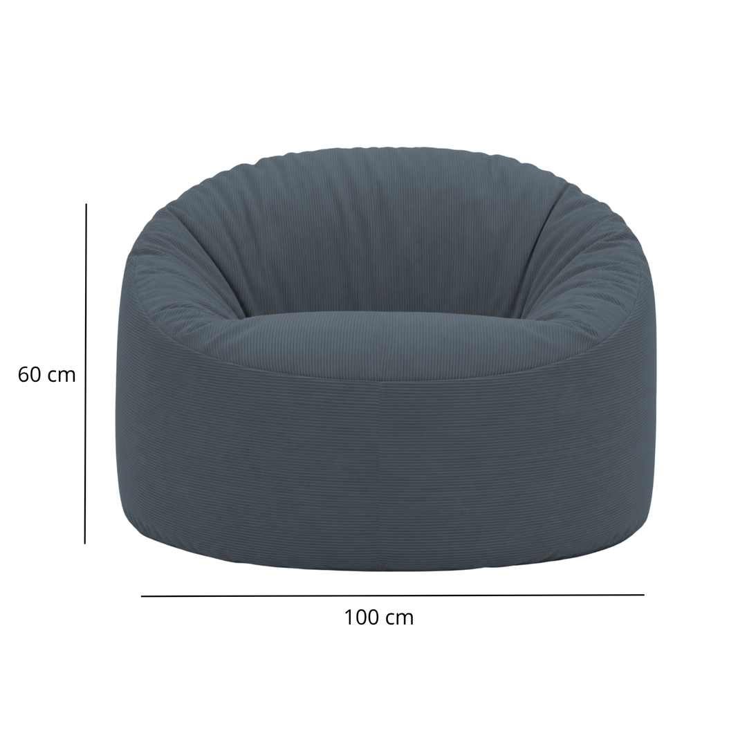 Pouf rond en velours côtelé bleu nuit, dimensions 100 cm (largeur) et 60 cm (hauteur).