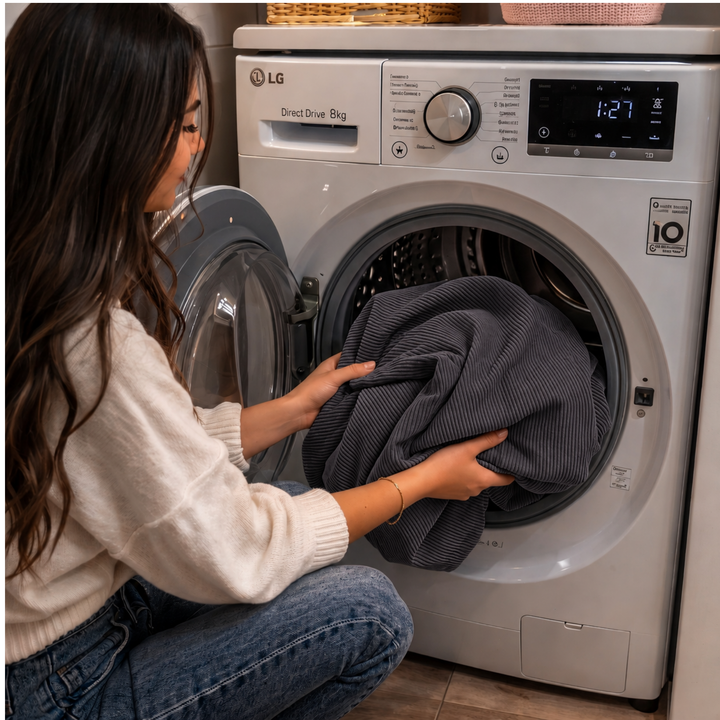 Housse de pouf déhoussable en velours côtelé gris foncé, placée dans une machine à laver.
