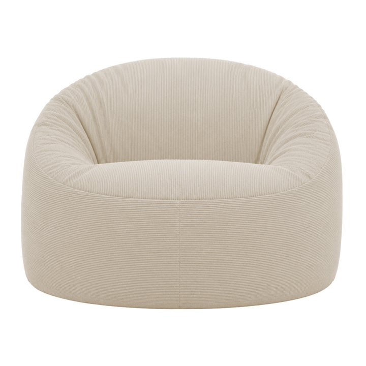 Pouf déhoussable en velours côtelé écru, forme ronde avec texture côtelée visible.