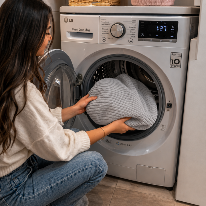 Housse lavable du pouf XXL en velours côtelé dans une machine à laver.
