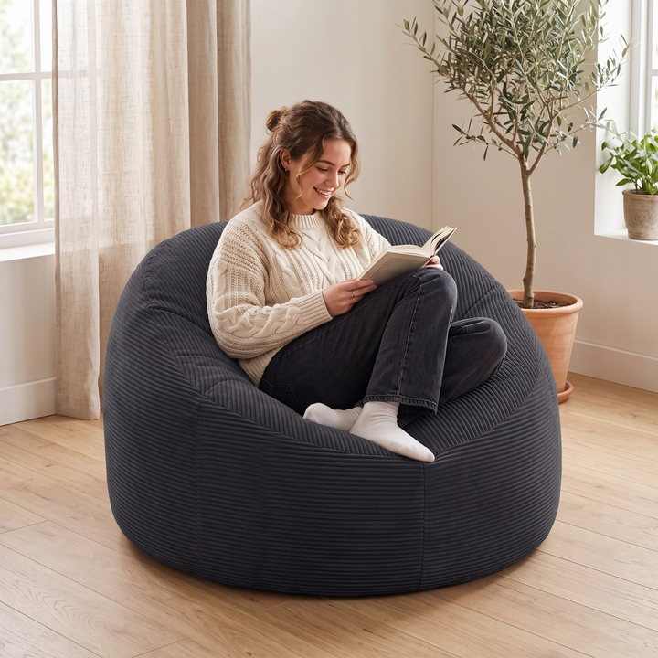 Femme assise sur un pouf déhoussable 100 cm gris foncé en velours côtelé épais