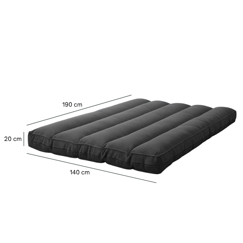 Futon déhoussable gris foncé 140 x 190 cm, surpiqûres et bords cousus.