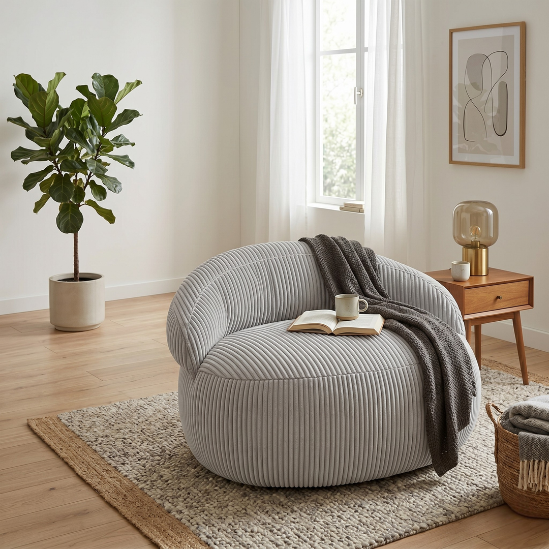 Pouf XXL déhoussable en velours côtelé, forme arrondie, dans un salon