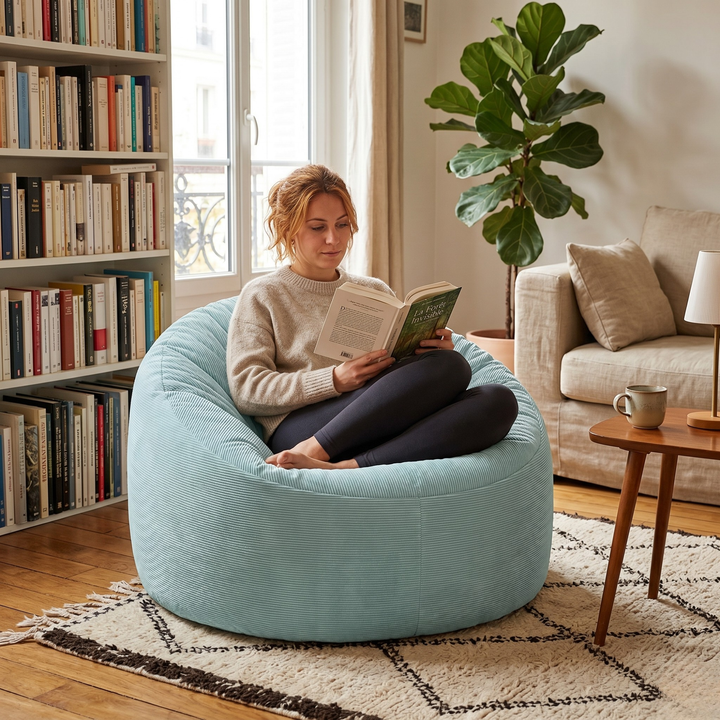Personne assise dans un pouf rond en velours côtelé, dans un salon