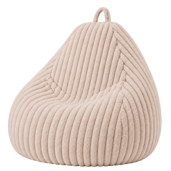 Pouf poire beige en fourrure côtelée, forme poire avec poignée