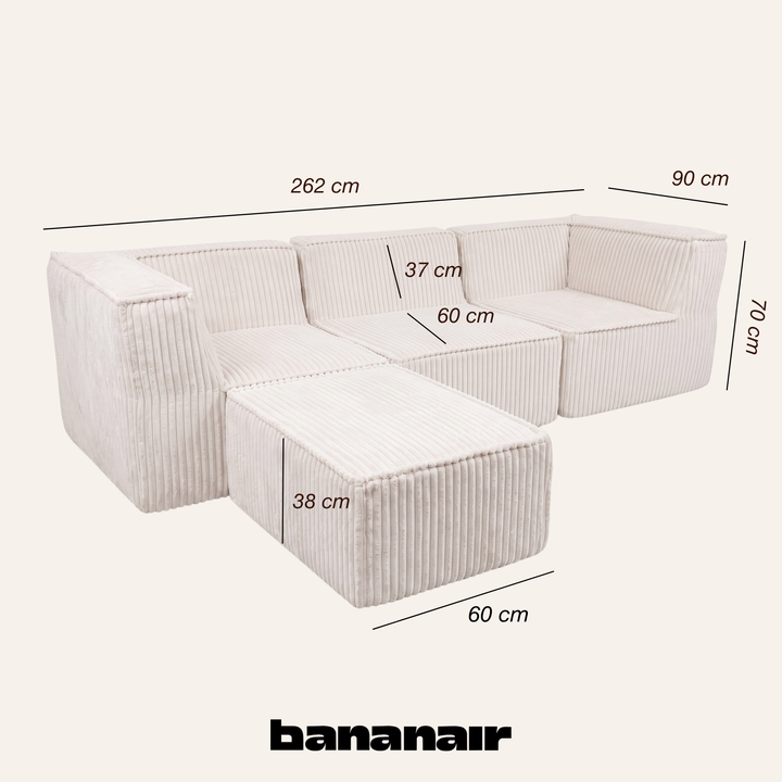 Canapé modulable 3 places déhoussable en velours côtelé blanc cassé, dimensions indiquées 90x262 cm