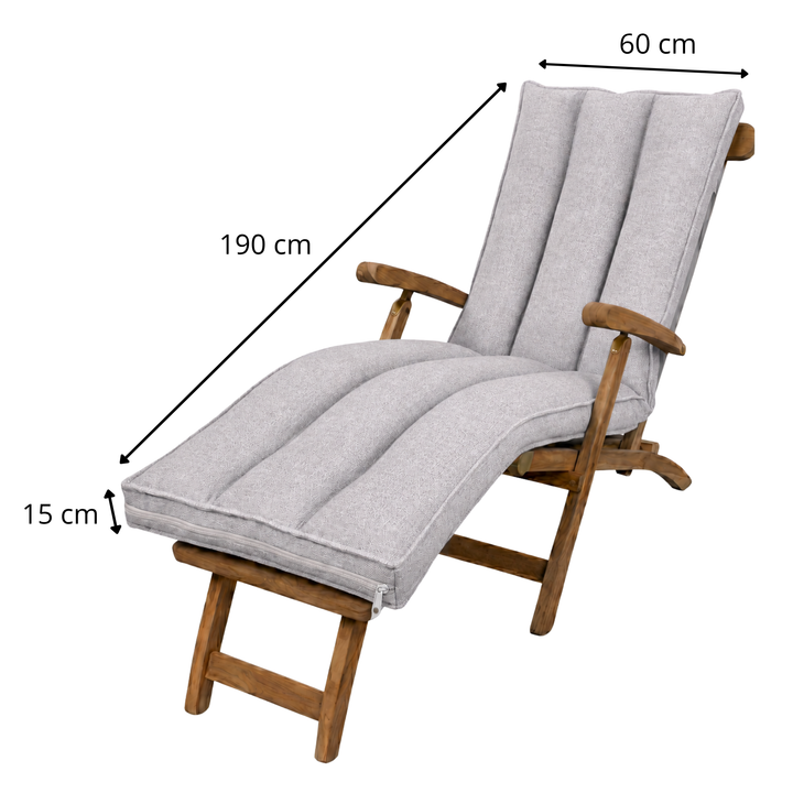 Coussin déhoussable pour bain de soleil gris clair, 190×60×15 cm, avec dossier