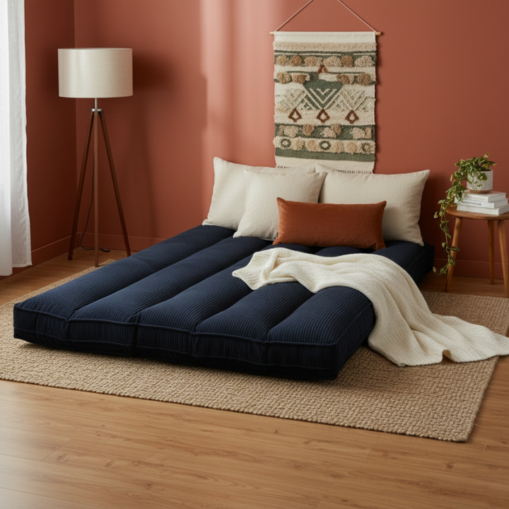 Housse de futon déhoussable bleu foncé, matelassage velours côtelé