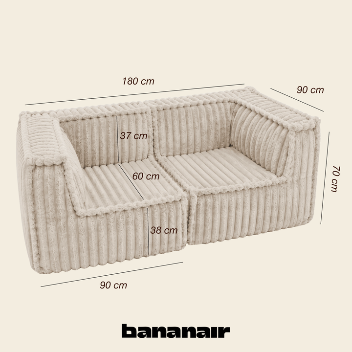 Canapé modulable 2 places beige en fourrure côtelée, vue de dessus avec dimensions