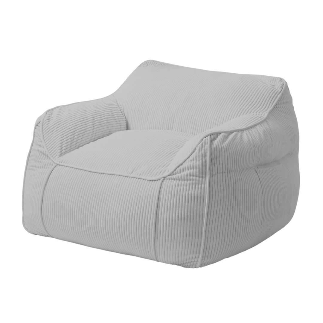Pouf fauteuil en velours côtelé gris clair, dossier et accoudoirs rembourrés