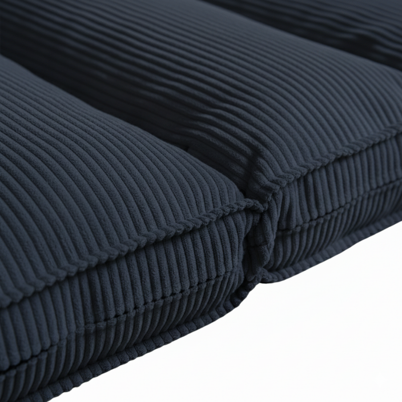 Housse de futon déhoussable bleu foncé, gros plan sur la texture velours côtelée
