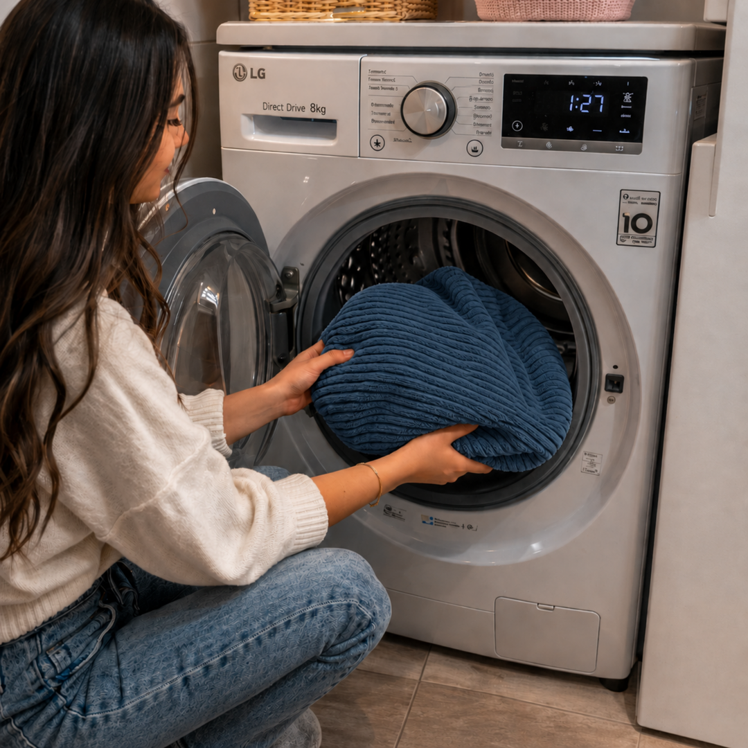Housse lavable du pouf XXL en velours côtelé dans une machine à laver.
