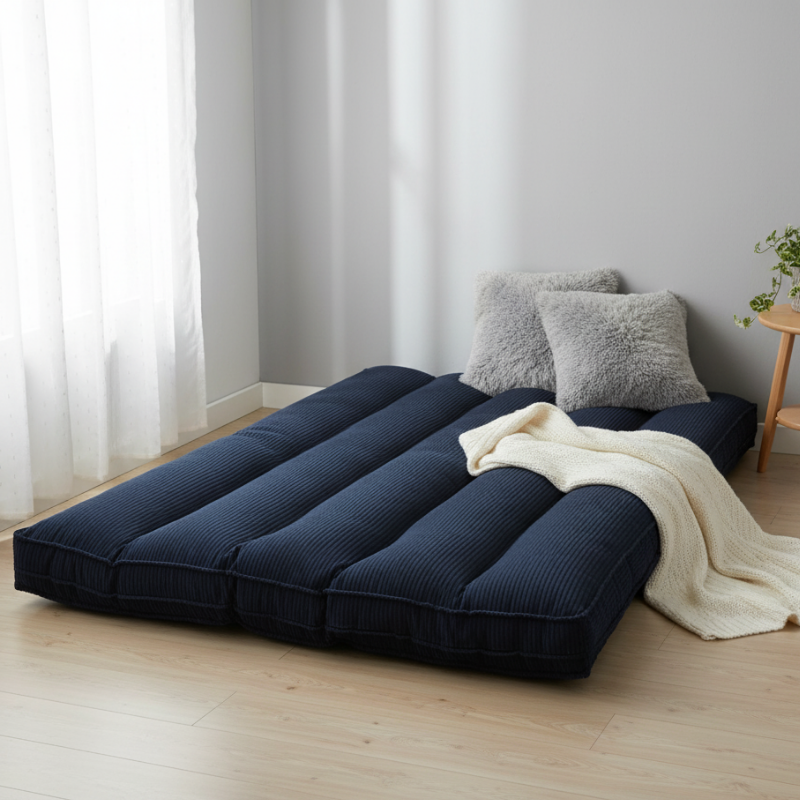 Futon déhoussable bleu foncé 140x190 cm, matelas pliable aux bordures rembourrées