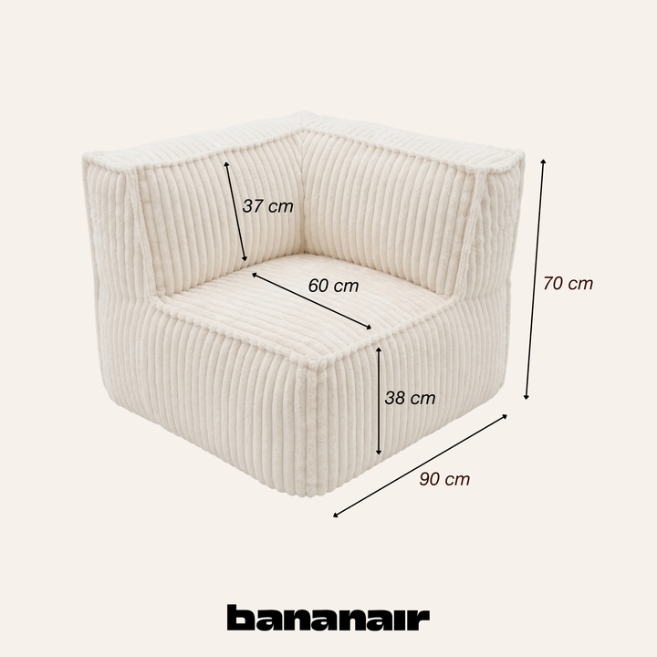 Module d’angle droit en velours côtelé blanc cassé avec dimensions 90×90 cm