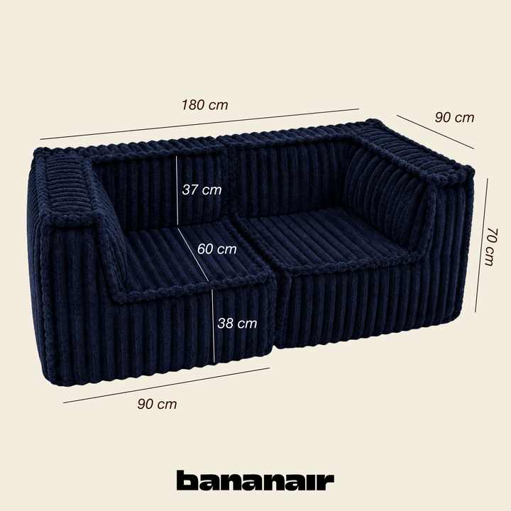 Canapé 2 places bleu foncé, dimensions 180×90 cm, revêtement fourrure côtelée