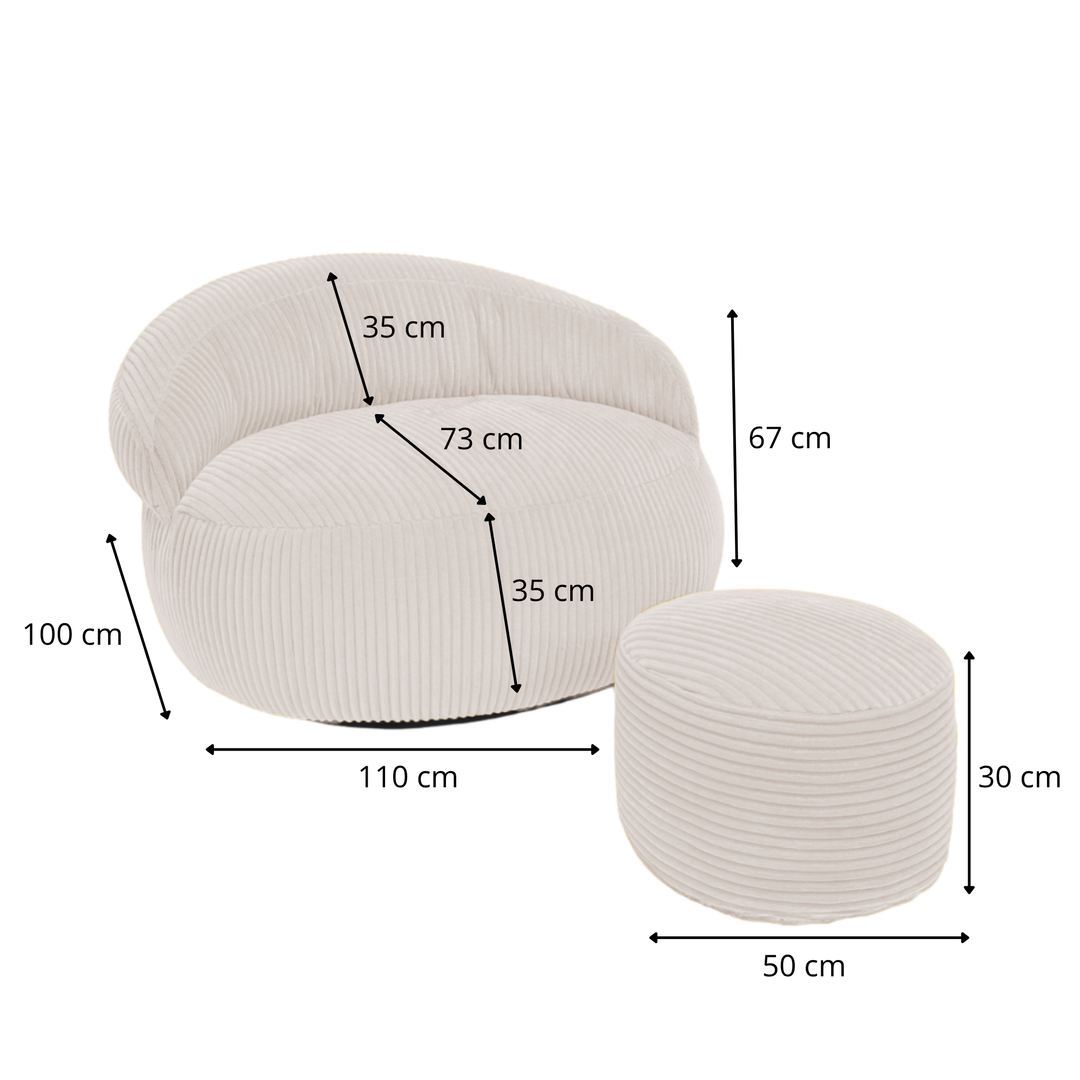 Pouf XXL déhoussable en velours côtelé beige clair, dimensions 110×100 cm, hauteur 67 cm.