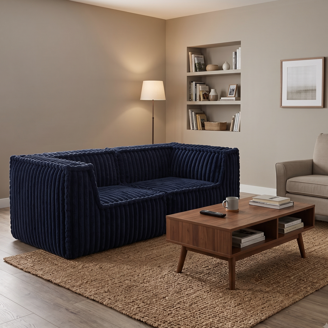 Canapé 2 places bleu foncé en fourrure côtelée dans un salon