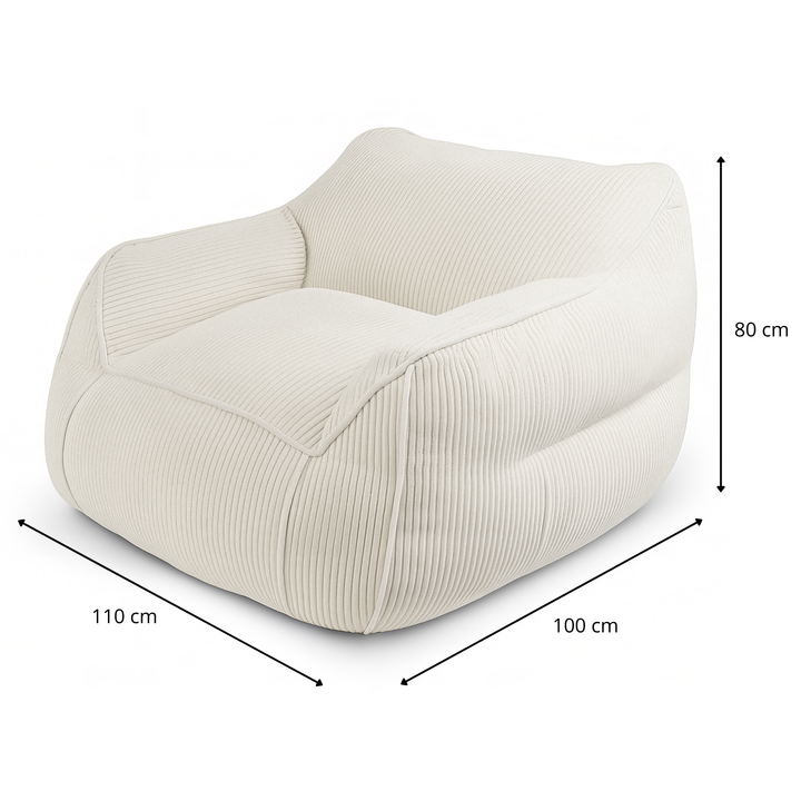 Pouf fauteuil en velours côtelé blanc cassé, dimensions 110×100×80 cm.