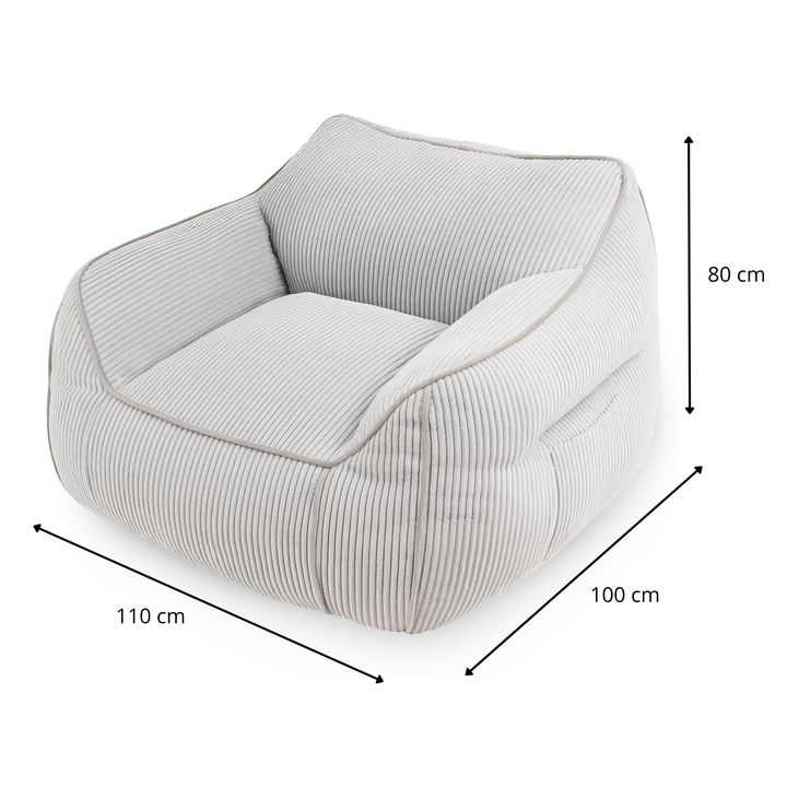 Pouf fauteuil en velours côtelé gris clair, dimensions 110×100×80 cm.