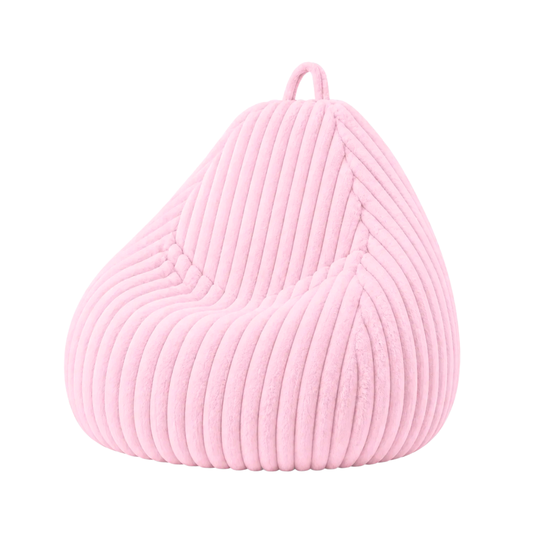 Pouf poire rose en fourrure côtelée, forme poire avec poignée