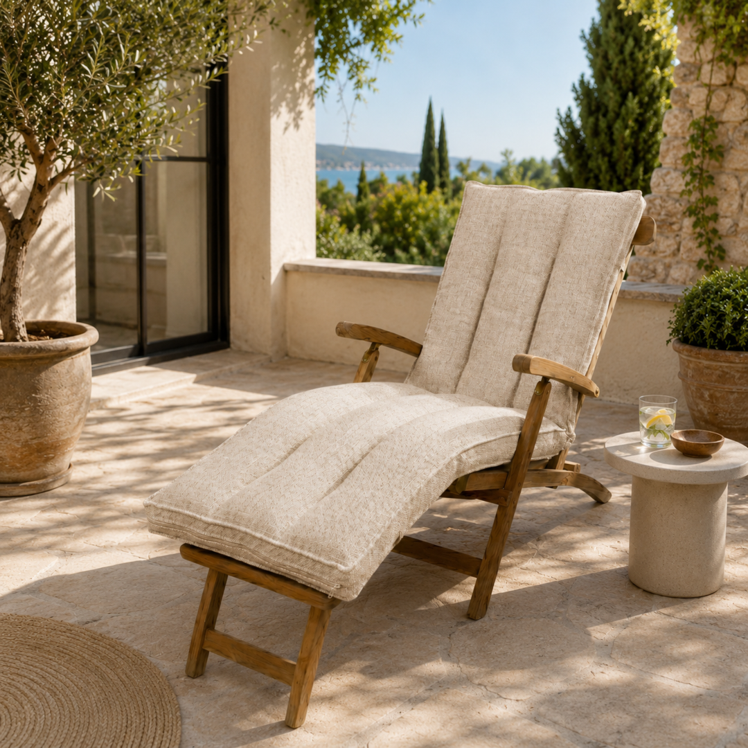 Coussin de bain de soleil, installé sur une chaise longue en extérieur