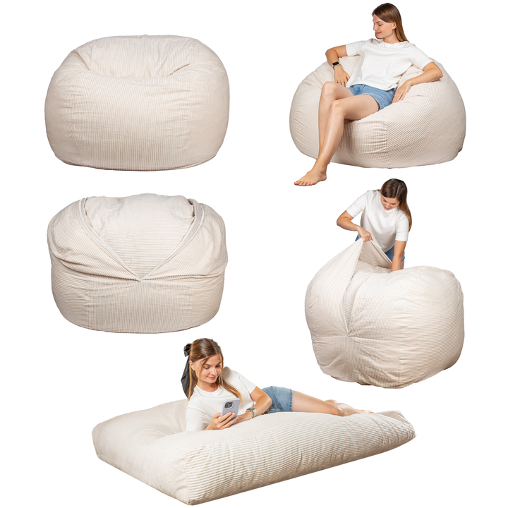 Pouf lit convertible 2-en-1 blanc cassé, usages assis et lit déplié avec modèle