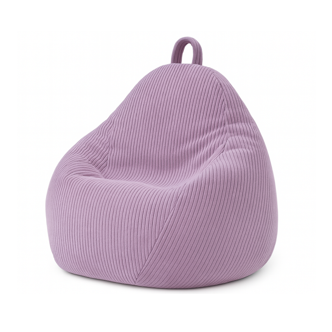 Pouf poire déhoussable en velours côtelé violet, forme poire rembourrée avec poignée