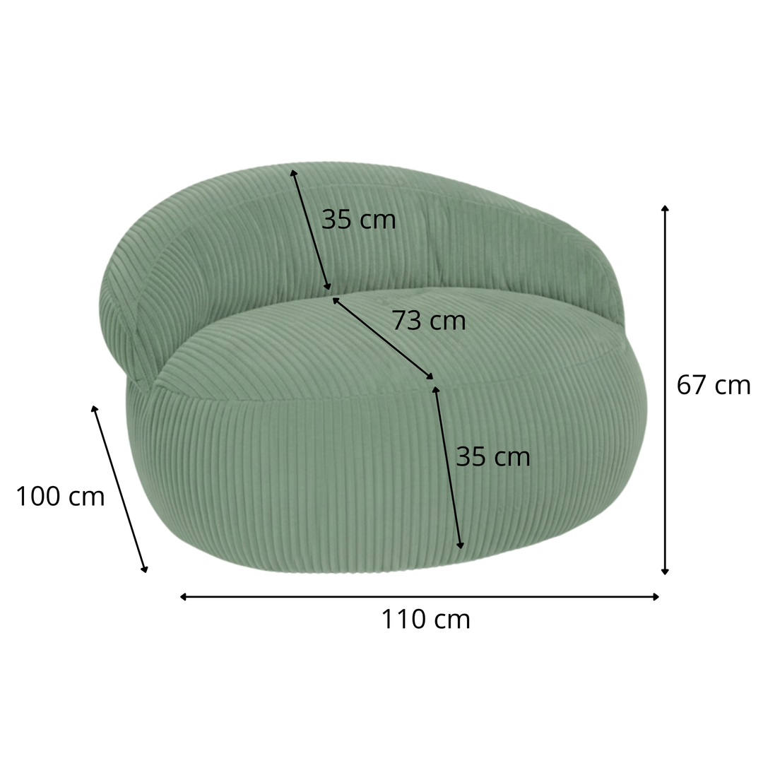 Pouf XXL déhoussable en velours côtelé vert, dimensions 110×100×67 cm