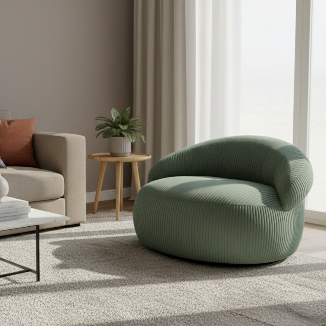 Pouf XXL déhoussable en velours côtelé, forme arrondie, dans un salon