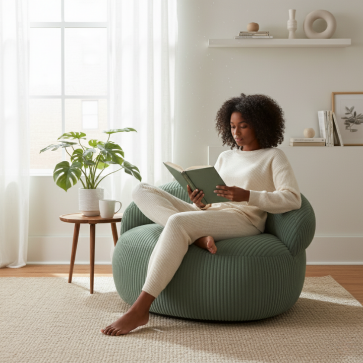 Personne assise sur un pouf XXL en velours côtelé, dans un salon