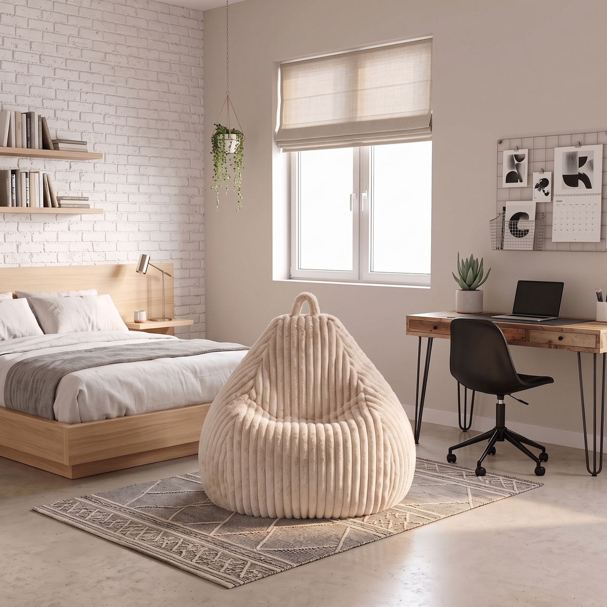 Pouf poire en fourrure côtelée posé au sol dans un intérieur