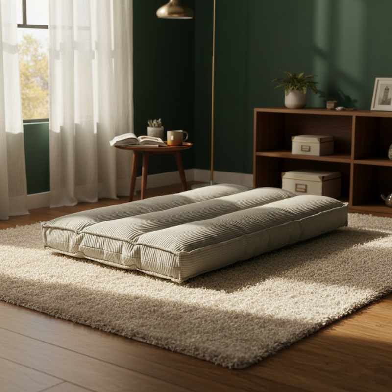 Futon déhoussable gris clair, housse velours côtelé, matelas déplié sur tapis