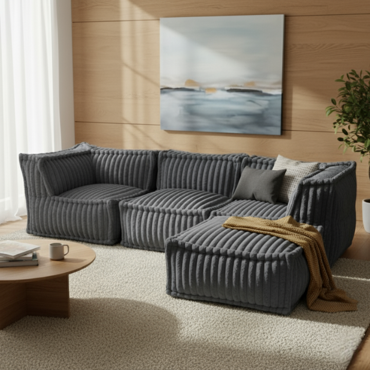 Pouf Pouf Per Divano Modulare - Pelliccia A Costine - 80x60x38 Cm